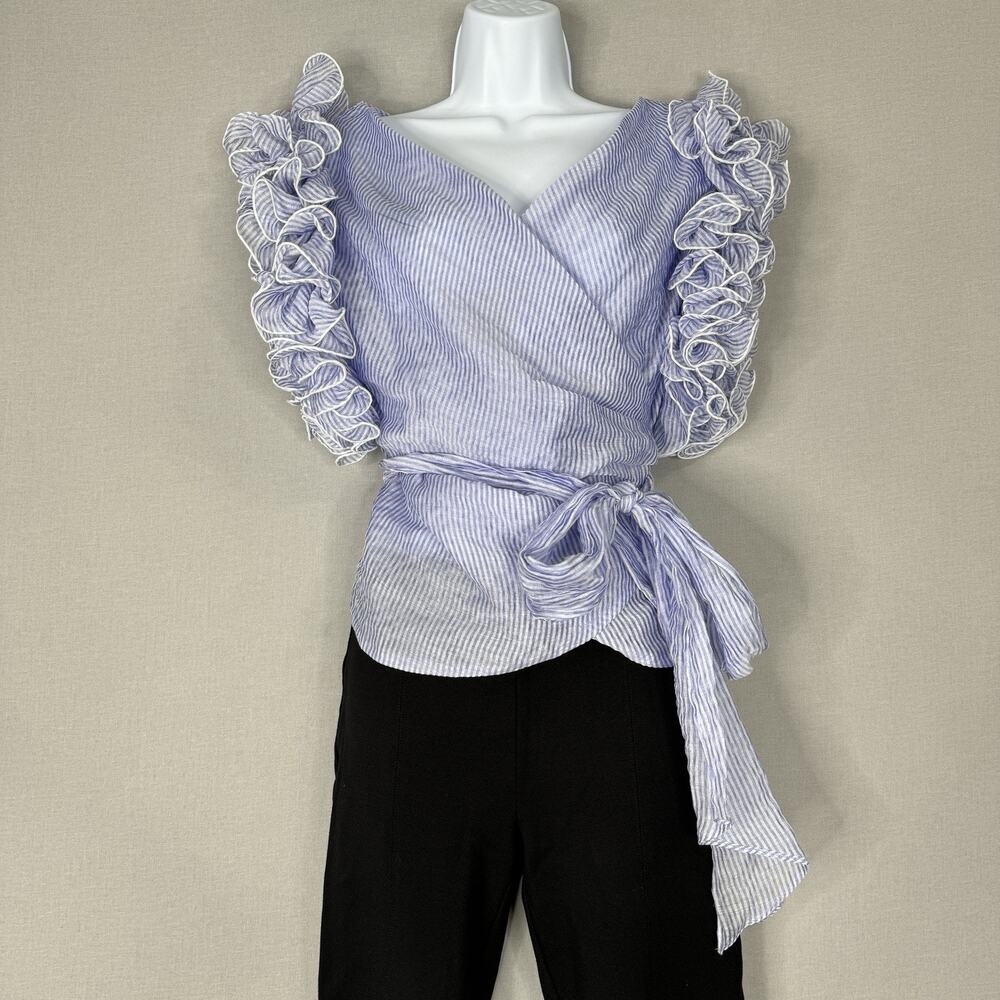 Amanda Uprichard Womens Top P/Small Blue Malin Striped Wrap Blouse Ruffle Sleeve